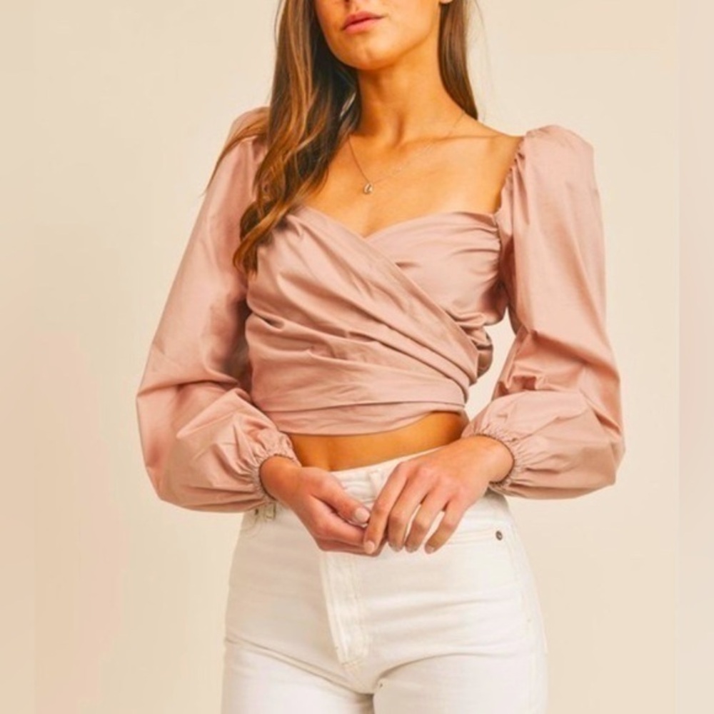 NWT high end Mable Wrapped Up Top mauve crop puff long sleeve tie stretch waist